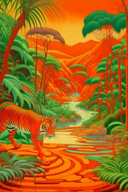 An orange colored jungle with devilish tigers and an acid lake painted by Frank Lloyd Wright