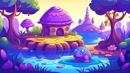 Fantasy cartoon illustration: Near a pond there is a cute purple turtle's house.