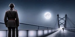 A eastern Soldier walking on the bridge , night , full moon , realistic , high resolution , HD , 1920pX1080p , dark