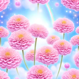 photorealistic image of a bouquet of pastel pink marigolds with sparkles, in the sky, rainbow, dreamy magical ambience, glowing orbs floating around