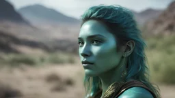 Photoreal gorgeous green-blue triton ranger woman with green-blue scaled green-blue skin in a rich aztec valley by lee jeffries, otherworldly creature, in the style of fantasy movies, photorealistic, bokeh masterpiece smooth shading, ultra detailed, high resolution, cinematic, unreal 6, subtle shadows, octane render, 8k, cinema 4d, HDR, dust effect, vivid colors