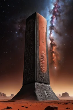 On the barren, red surface of Mars, a towering black monolith made of polished marble stands proudly against the backdrop of the vast and starry galaxy. The monolith carved with intricate alien hieroglyphs and strange designs glow with an pale light. detailed, sharp focus, masterpiece