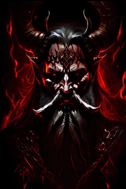 old man, black beard, no faced, shadows on face, muscle, skin red , red body, black goat horns, black bat wings, long black haired, devil appearance, satan, belsebuth, asmodeus, pethagram, diabolic scars, black old armor, golden necklace cross, cape, throne, hell fire, darkness background.