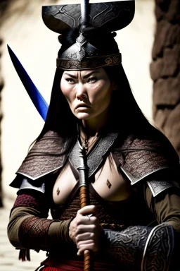 style comdey character : A woman, believing herself a fearsome warrior, dramatically confronts the She holds her sword upside down A Mongol casually pushes her over and steals her dictionary, Woman stands defiantly, sword held backwards, Ertugrul music blasting in the background. Mongols look confused Close-up of the woman naked confident face shouting her challenge. Mongol soldier pushes her with a bored It was a beautiful woman for the soldiers. All the soldiers Crowded marry naked her.