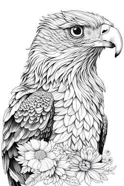portrait of eagle and background fill with flowers on white paper with black outline only