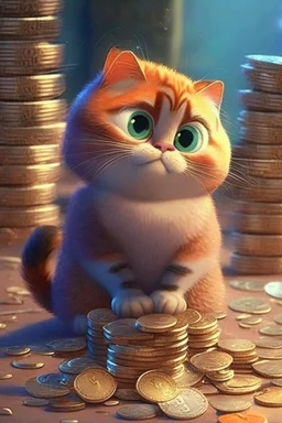 cute pixar cat and money and coins