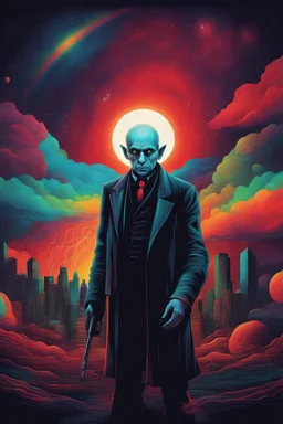 Nosferatu, the Man with the golden gun, Thunder Road, Hell Hath No Fury, The big where wolf, Cosmic clouds, neon cityscape, Tron Cycles, planets, moons, stars, cosmic vortex, bright red, every color in the rainbow, 4k, 8k, 16k, 32k. 100k UHD, extremely detailed skin texture, hyper-realistic, photorealistic, Realism Engine, EpicPhotoGasm, Realistic Vision V