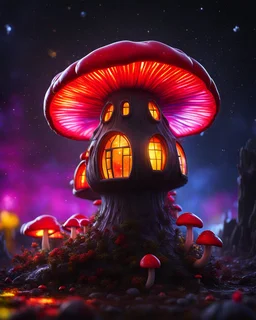 An illogical floating mushroom house on a clear moonless night. . Bright Bold Bright Colors, red yellow white, Starry Dark cosmic interstellar. Detailed Matte Painting, deep color, fantastical, intricate detail, splash screen, hyperdetailed, insane depth, concept art, 8k resolution, trending on Artstation, Unreal Engine 5, color depth, backlit, splash art, dramatic, High Quality Whimsical Fun Imaginative Bubbly, perfect composition