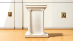 comic style, a small white pedestal, in a museum