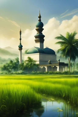 Beautiful Digital Painting art Landscape small islamic Mosque,surrounded rice paddy fields, photoshoot fromfar