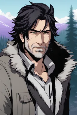 Middle-aged man with a feral look, long and shaggy black hair, violet eyes, smug, wolf tail, wilderness background, RWBY animation style