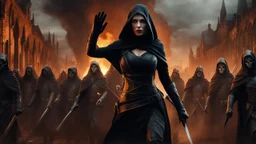 a female general in black cloth and gloves leading an army of the dead through a burning medieval city. the apocalypse. empty hands. blood. magic in the sky. fantasy setting. intense horror. blind terror. scared to death. a masterpiece, fantasy concept art, dynamic lighting, hyperdetailed, intricately detailed, deep color, Unreal Engine, volumetric lighting, Epic cinematic brilliant stunning intricate meticulously detailed dramatic atmospheric maximalist digital matte painting