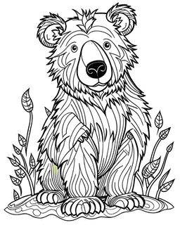 b/w outline art for kids coloring book page Animal-themed, coloring pages, hd bear in it's Habitat, full white, adults style, white background, whole body, Sketch style, full body (((((white background))))), only use outline., cartoon style, line art, coloring book, clean line art, Sketch style, line-art