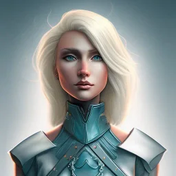 D&D cleric, female, platinum blonde hair, happy, teal armor, eyes gold