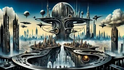 a stunningly weird image of a futuristic metropolis using Salvador Dali's paranoiac-critical method, where buildings and structures appear to melt into the skyline cityscape is filled with floating mad, twisted sharp metal shapes that interact with the buildings and each other, forming a surreal tableau of a dreamlike reality. neu-steampunk vibe, essence of the scene in a cinematic manner, with dramatic shadows that enhance the distorted perspectives and bizarre