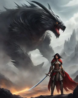 heroic fantasy scene: Zhaania, the fierce and resilient sister warrior, stands before Norgal, the renowned head chopper. The air crackles with tension as their eyes lock, each assessing the other's strength and resolve. Norgal's voice booms with a mix of admiration and curiosity. "Zhaania! So it is glory and an honorable death you seek! Why so coy? All warriors long for such things." Zhaania's gaz