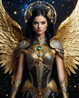 Photography A Length Super model Woman as Beautiful Archangel with wings made from metal craft,dressing luxurious golden and black color armor filigree combination crystals diamonds stone crystals,Cosmic Nebula Background