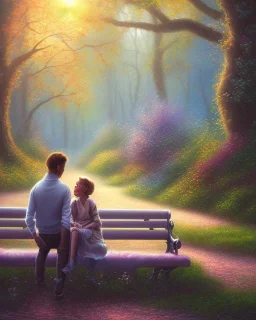 park mystical dream, park bench, man, woman, child, dog, trees, path, bird, sunshine, mystical, fantasy, romanticism, pastel colors, daylight, daytime, acrylic painting, detailed, soft focus,