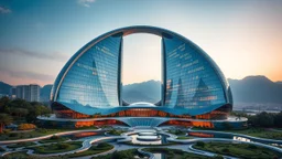 A futuristic skyscraper designed with sweeping parabolic curves, where the entire façade is made of reflective glass. The building rises gracefully toward the sky, with its symmetrical parabolic arc creating a sense of balance and elegance. Surrounding the structure are lush gardens and flowing water features that mirror the curves of the building. There are mountains in the distance. Beautiful lighting at sunrise. Award-winning photograph.