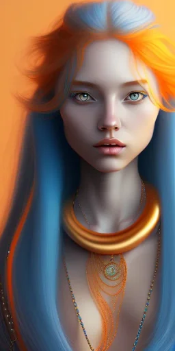 human kingfisher girl with long blue hair and orange strand of hair wearing a blue winter coat and a gold necklace