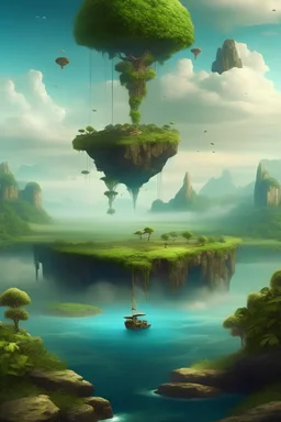 “A surreal and dreamlike scene featuring floating islands and waterfalls in the sky.”