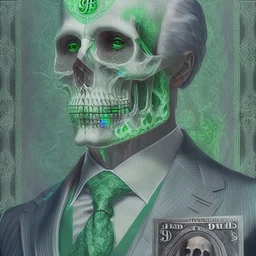 a head and shoulders portrait of a skeleton dressed in a three-piece suit as the president of the united states, based on us currency, united states one dollar bill, shades of green, real-life, colors match the united states one dollar bill, realistic, robotic,