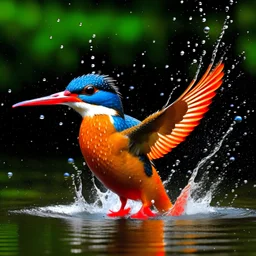 a kingfisher splashing in water with wings open