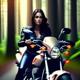 Very attractive woman sitting on a motorcycle. The bike is Yamaha. In the background is a forest. Credible details. Photorealistic. 4K. Wide-angle lens.