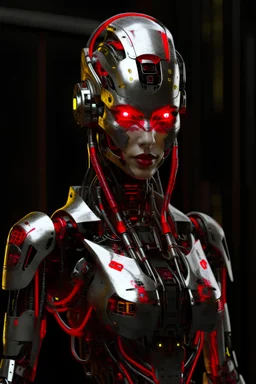 a raw photo of a fembot, natural lighting ,looking at the viewer, attractive, accessories, highly detailed, red eyes, conceptual, science fiction--v6, full body portrait, artstation, deviantart, pose,