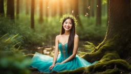 A gorgeous smiling Asian model in a fairy outfit in a wood with 1000 y/o trees, a small torrent and fireflies in the air at dawn