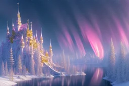  white pink and gold crystal castle in the sky，waterfall, winter snow flakessnow, northern Lights, full of details, smooth, bright sunshine，soft light pink atmosphere,pink sky, light effect，vaporwave colorful, concept art, smooth, extremely sharp detail, finely tuned detail, ultra high definition, 8 k, unreal engine 5, ultra sharp focus