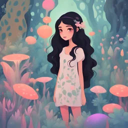 A cute,black hair , whimsical girl with big glowing eyes and flowing, wavy hair, standing in a surreal garden filled with imaginative, abstract plants and playful colors. The scene has a dreamy, otherworldly vibe, blending elements of fantasy and charm, illustrated in an artistic, quirky digital style that’s both strange and endearing