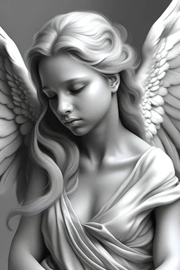 grey and white angel in hyper realistic style