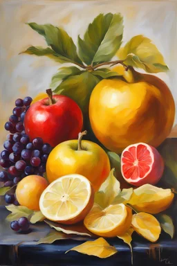 realistic monochromatic paintings arts of fruit, unseen, creative, beyond the limits, colorful, golden color, Brushstroke driven style of Impressionism with realistic subject matter,