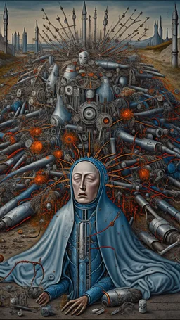 Bosch painting style, wake up in hill with evils and fire and pain