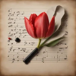 Hyper realistic red tulip on the side of a vintage paper with harmonica instrument & small musical notes