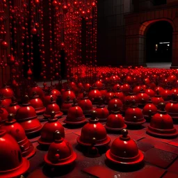 A dark red city filled with bells designed in Ica stones