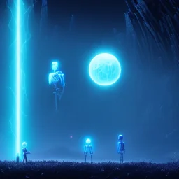 The Grim Reaper and the Skeleton in Tron world, discussing the future of the universe, art by Magritte and Pixar