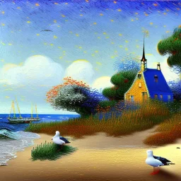 Dibujo al oleo de una casa en la playa con gaviotas con nubes con estilo de Vincent van Gogh