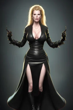 Kim Basinger in black leather gown, evil,energetic, villain, busty, cleavage, curvy, angry, happy, stern look. character design by cory loftis, fenghua zhong, ryohei hase, ismail inceoglu and ruan jia. unreal engine 5, artistic lighting, highly detailed, photorealistic, fantasy