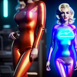 Realistic movie image, retro sci-fi, portrait, blonde action woman, sweet Marylin Monroe face, perfect iris, glow eyes. tight latex tights suit. City, metropoli movie style . epic style, soft color, highly detailed, unreal engine 5, ray tracing, RTX, lumen lighting, ultra detail, volumetric lighting, 3d, finely drawn, high definition, high resolution.