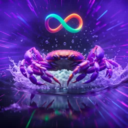 infinity symbol ∞ with vibrant powerful crab jumping out of the water, striking, neon, chiaroscuro, dramatic, captivating, powerful, fantasy, beautiful, octane render, 16k post-production, artstation: award-winning: atmospheric: commanding: fantastical: clarity: ultra quality: striking: brilliance: stunning colors: amazing depth; lens: f/11, 35mm