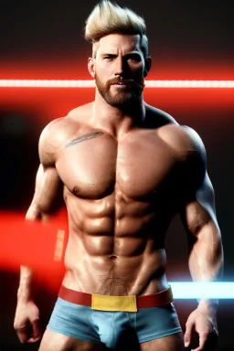 Ignore NSFW, teenager young rugged attractive slightly muscular fantasticly handsome blonde man, red briefs with yellow belt, hairy chest, (((visibly pisssing))) briefs, large erect visible boner peniss, photorealistic, artist Jay Anacleto, soft lighting, scruffy beard