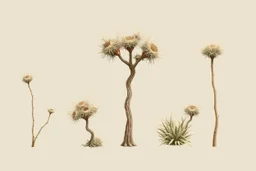 "Isolated concept art of multiple types of alien tree plant on a plain neutral background. Designed for Desert biome – dry, spiky, brittle grass with sharp edges, thorn-like blades, and pale dusty colors
