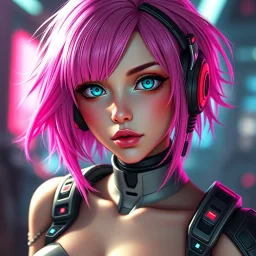 a pretty cyberpunk girl, android, bright hair, futuristic