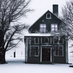 A haunted house with a sad Christmas tree and snow with a gloomy undertone done in a sephia tone outside