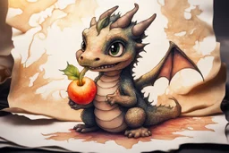 double exposure, merged layers, painted and burned burlap, cute chibi anime dragon eating fruit, melting watercolor and black ink outlines on wet paper, soft, shading strokes, in sunshine, ethereal, otherwordly, cinematic postprocessing, bokeh, dof