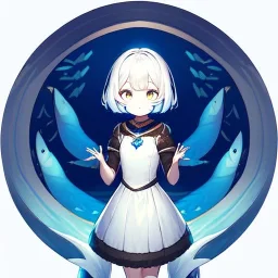 fish princess, big dreamy eyes, intricate, colored hair, symmetrical, emotionless, long white hair, short, cute, small girl, three Girl, hair blue, short hair, sueter,