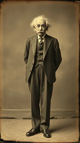 An old picture style of white and brown and very bad quality old Kodak camera with cracks of Einstein with an Asian wearing a suit, the year 1900 standing