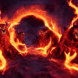 Cerberus, character-design, fire pouring from each mouth, full body, fiery dark skies in the underworld with Hades in the background, 8k, highly detail